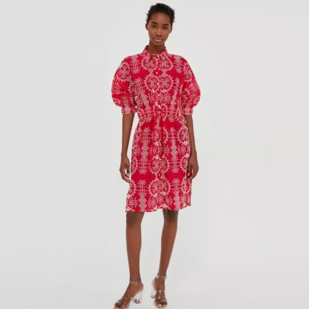 Zara Red and White Eyelet Button-up Tunic Dress w/Collar and Puff Sleeve Sz Med
